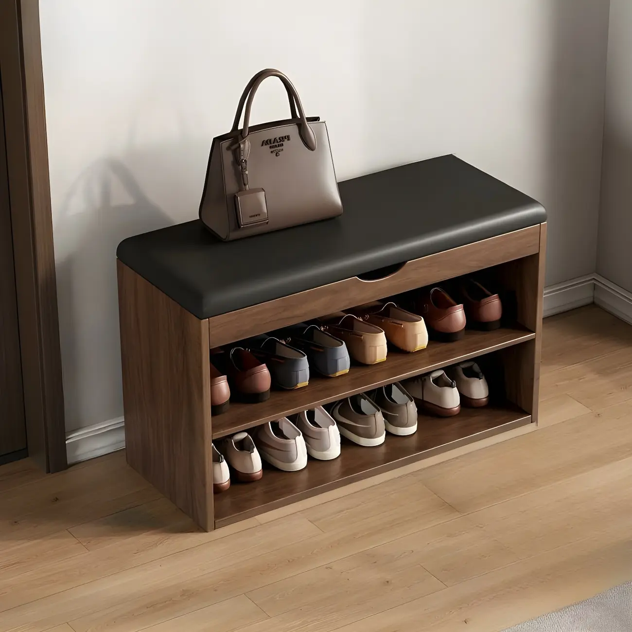 Solid Wood Shoe Storage Bench with Cushion Top & Open Shelf Image - 4 | homeyfad