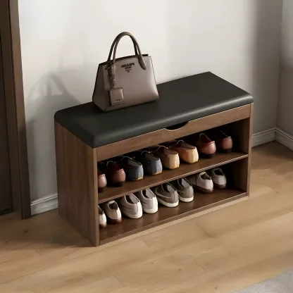 Solid Wood Shoe Storage Bench with Cushion Top & Open Shelf Image - 4