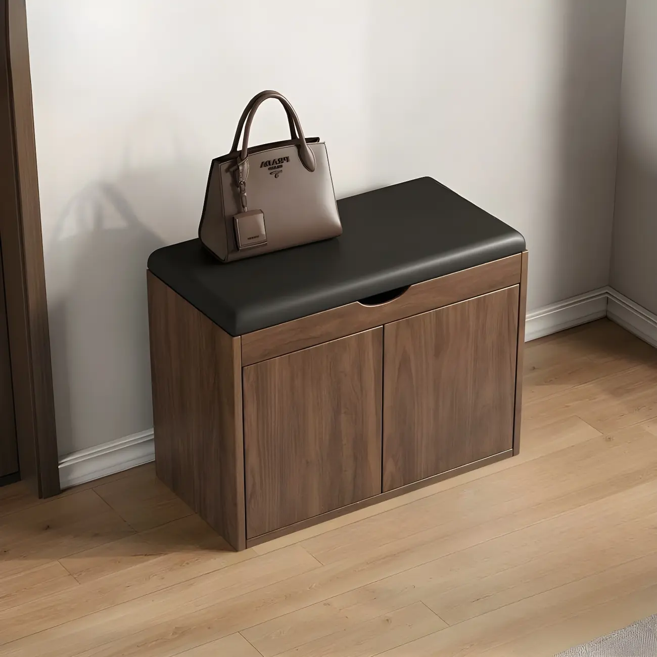 Solid Wood Shoe Storage Bench with Cushion Top & Open Shelf Image - 7 | homeyfad