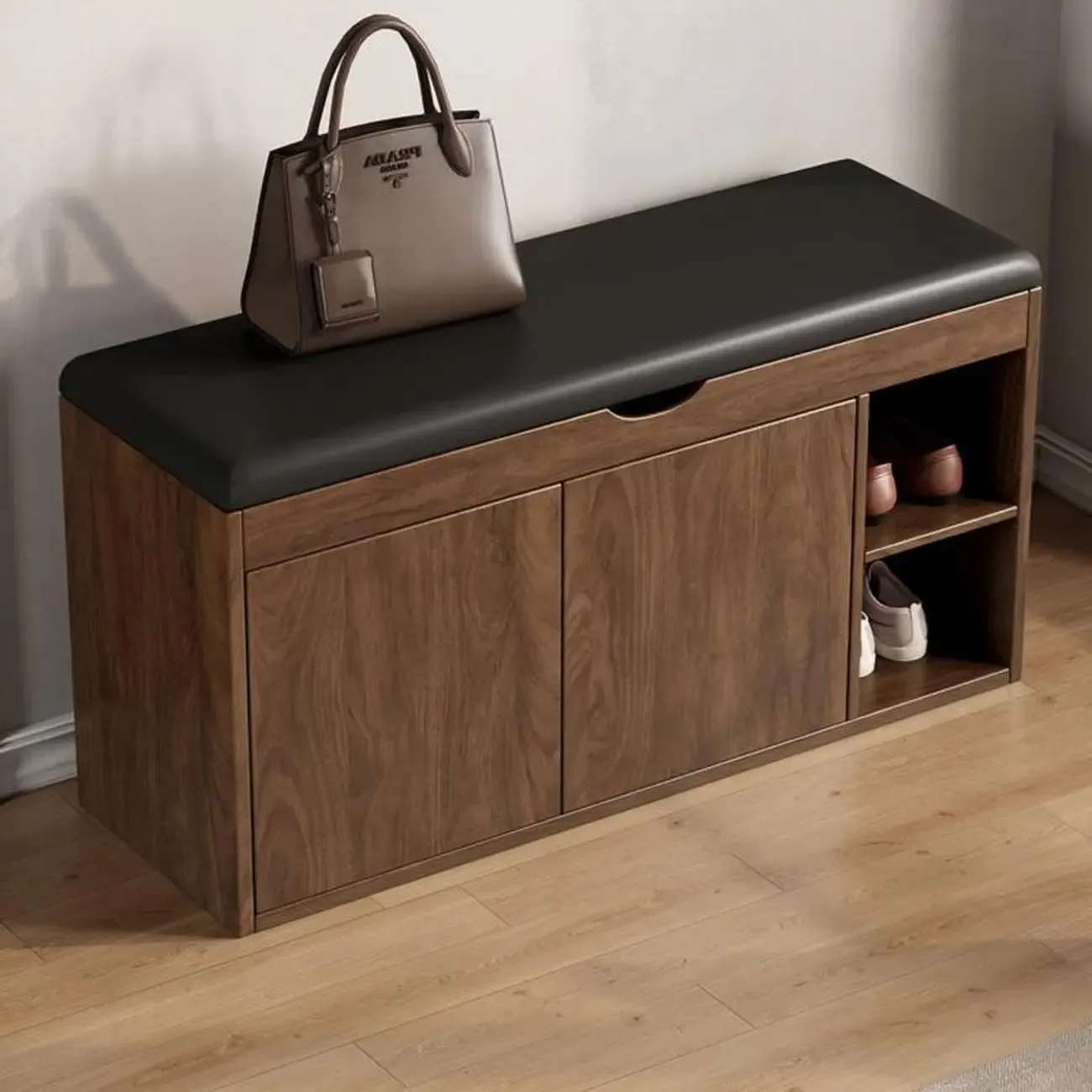 Solid Wood Shoe Storage Bench with Cushion Top & Open Shelf Image - 11