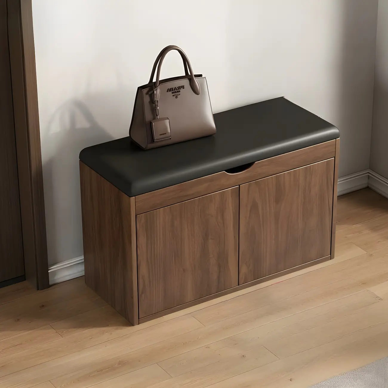 Solid Wood Shoe Storage Bench with Cushion Top & Open Shelf Image - 12 | homeyfad