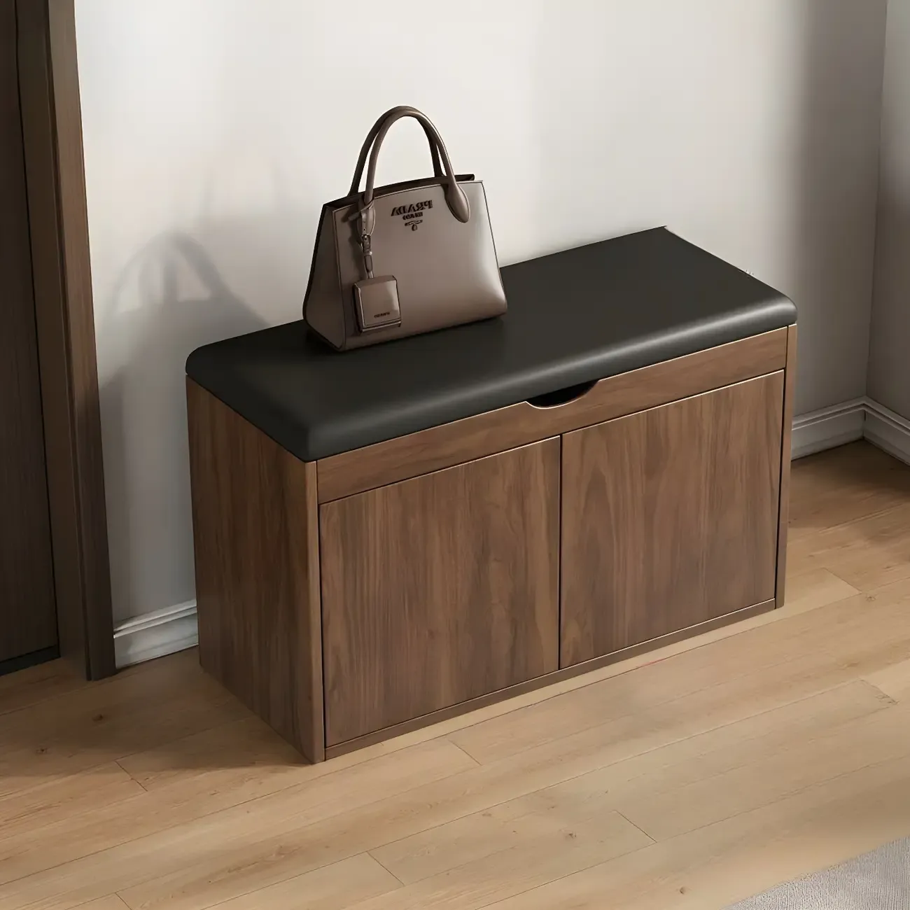 Solid Wood Shoe Storage Bench with Cushion Top & Open Shelf Image - 12