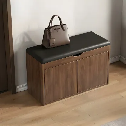 Solid Wood Shoe Storage Bench with Cushion Top & Open Shelf Image - 12