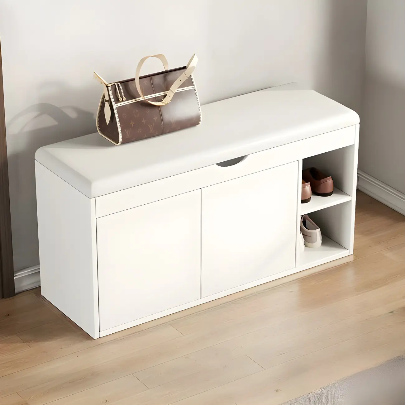 Solid Wood Shoe Storage Bench with Cushion Top & Open Shelf Image - 10 | homeyfad