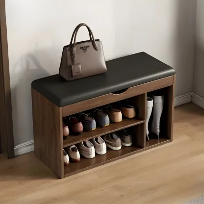 Solid Wood Shoe Storage Bench with Cushion Top & Open Shelf Image - 3