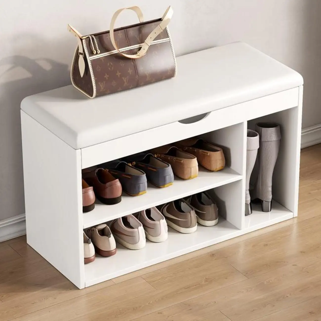 Solid Wood Shoe Storage Bench with Cushion Top & Open Shelf Image - 2 | homeyfad