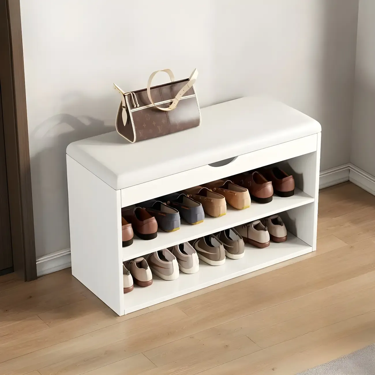 Solid Wood Shoe Storage Bench with Cushion Top & Open Shelf Image - 5