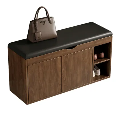 Solid Wood Shoe Storage Bench with Cushion Top & Open Shelf Image - 15