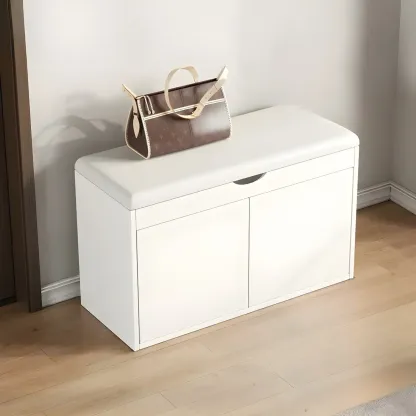 Solid Wood Shoe Storage Bench with Cushion Top & Open Shelf Image - 8