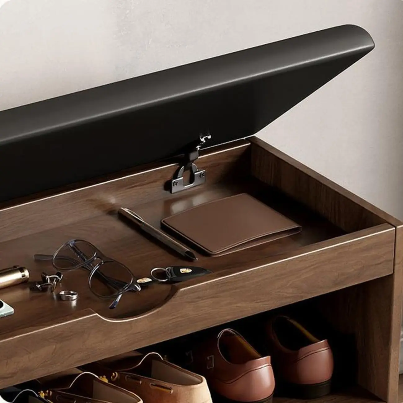 Solid Wood Shoe Storage Bench with Cushion Top & Open Shelf Image - 6 | homeyfad