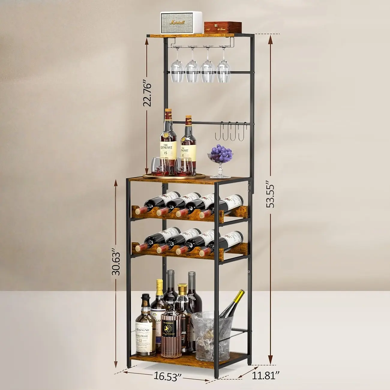 5-Tier Freestanding Wine Rack with Glass Holders and 4 S Hooks Bar Rack for Kitchen Dining Room Living Room Bar Image - 5 | homeyfad