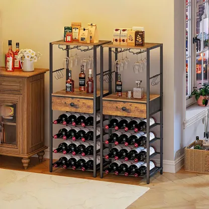 Wine Rack Free Standing Floor Bar Cabinet with Table Top Glass Shelves Storage Drawers 4 Tier Wine Rack Image - 1