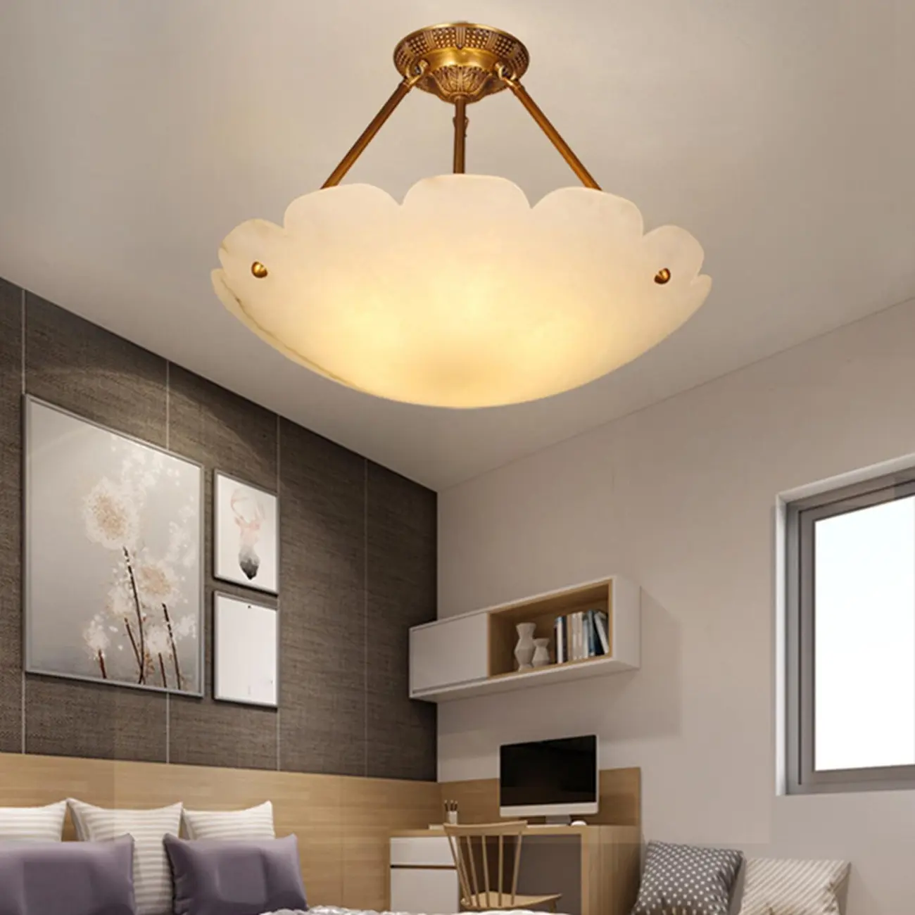 Elegant White Alabaster Floral Brass Bedroom Chandelier Image - 1 | homeyfad