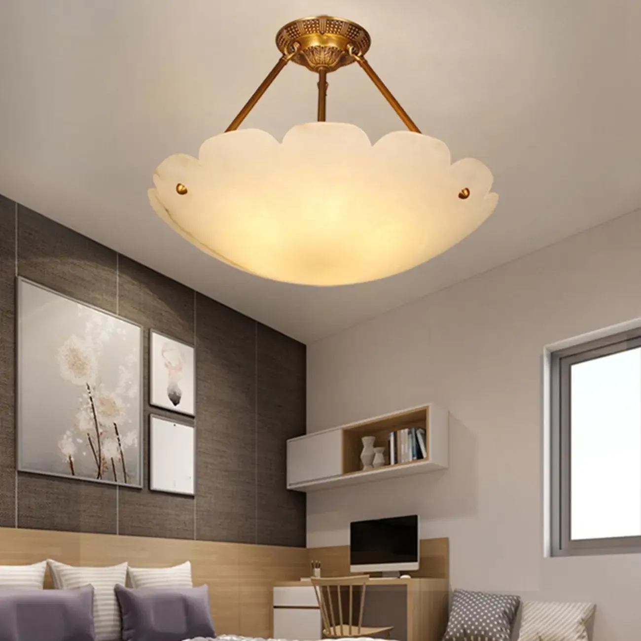 Elegant White Alabaster Floral Brass Bedroom Chandelier Image - 1