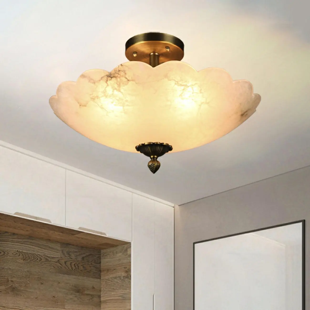 Elegant White Alabaster Floral Brass Bedroom Chandelier Image - 4 | homeyfad