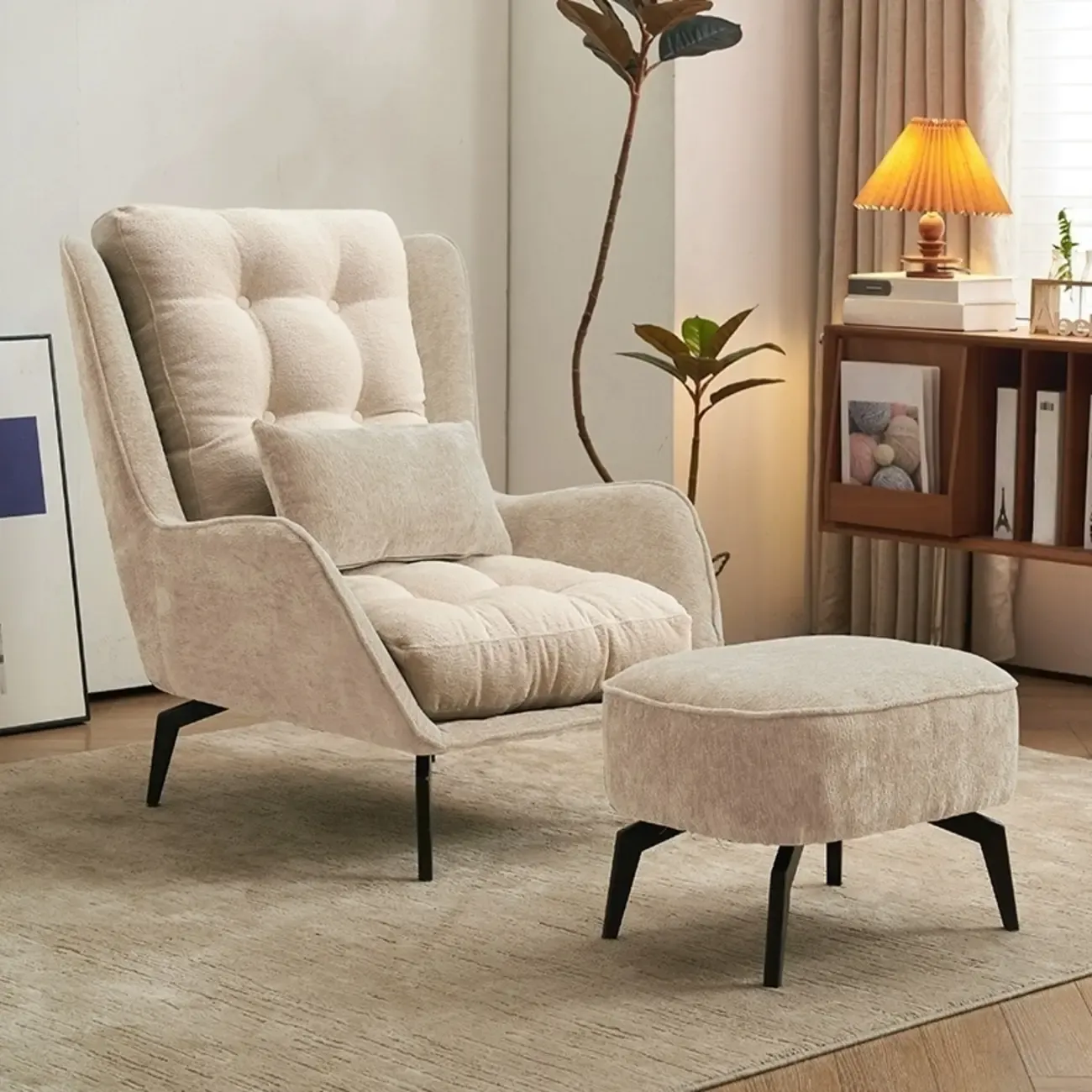 Traditional Velvet Accent Chair with High Back & Ottoman for Home Image - 12