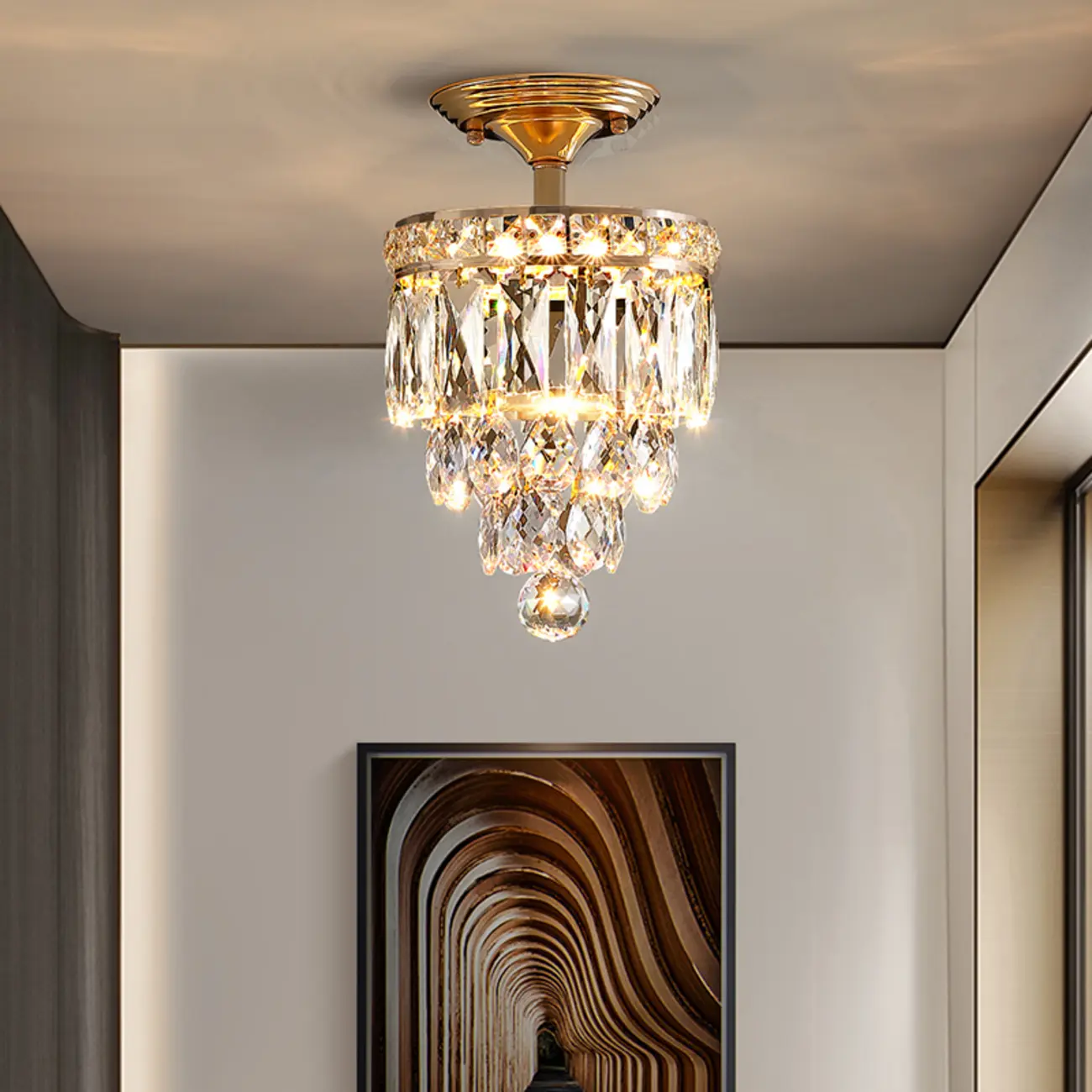 Modern Tiered Crystal Semi Flush Ceiling Light for Hallway Image - 1 | homeyfad