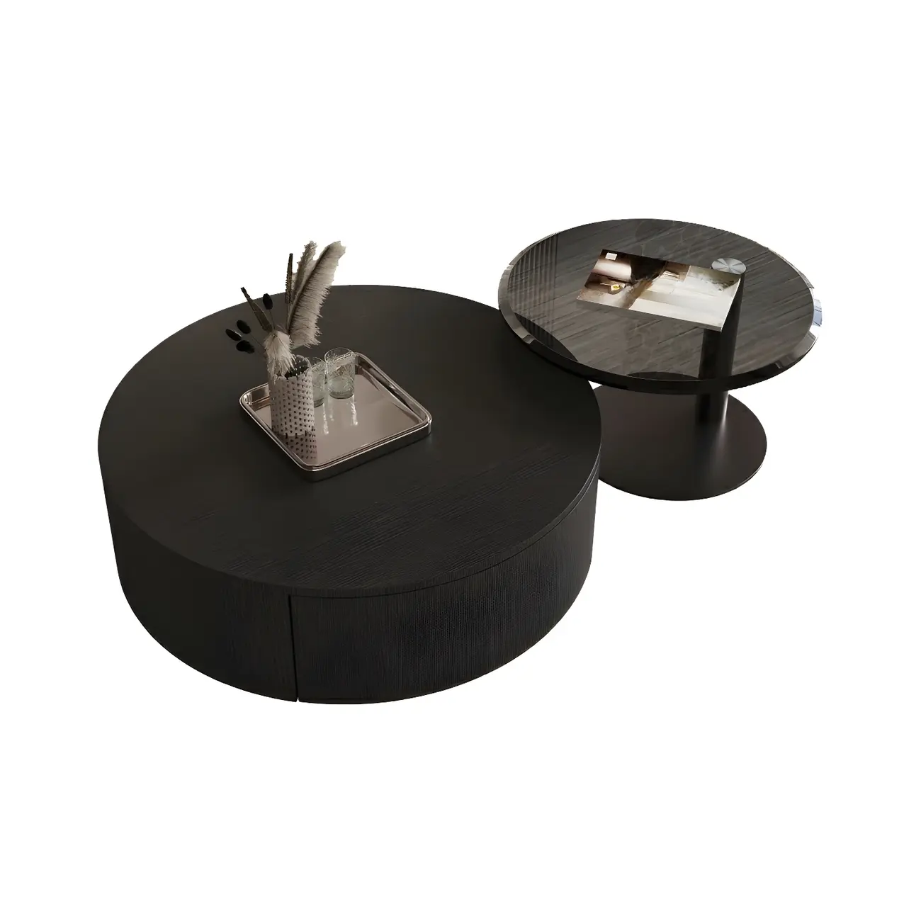 Modern Nesting Round Wood and Glass Coffee Table with Storage Image - 8 | homeyfad