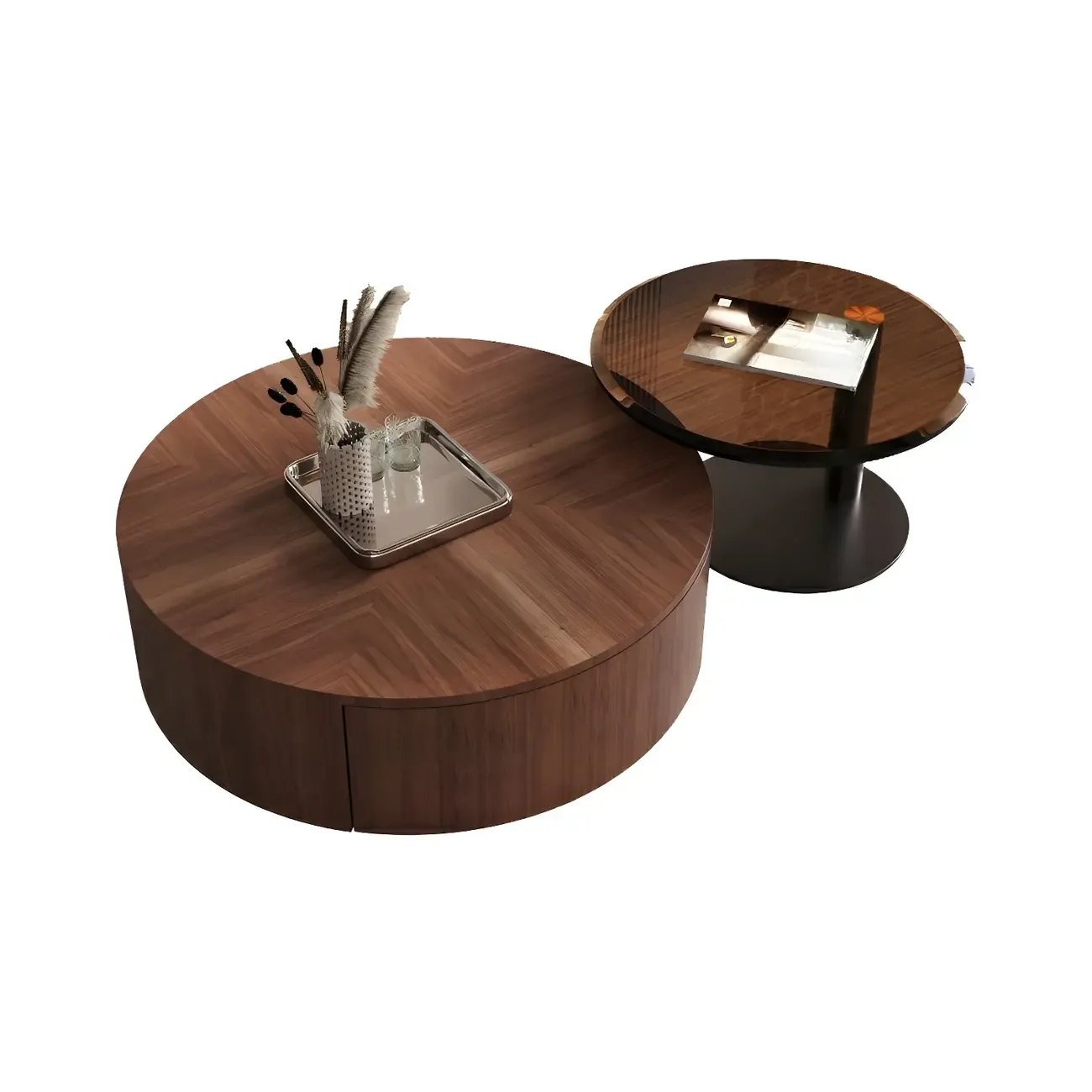 Modern Nesting Round Wood and Glass Coffee Table with Storage Image - 10