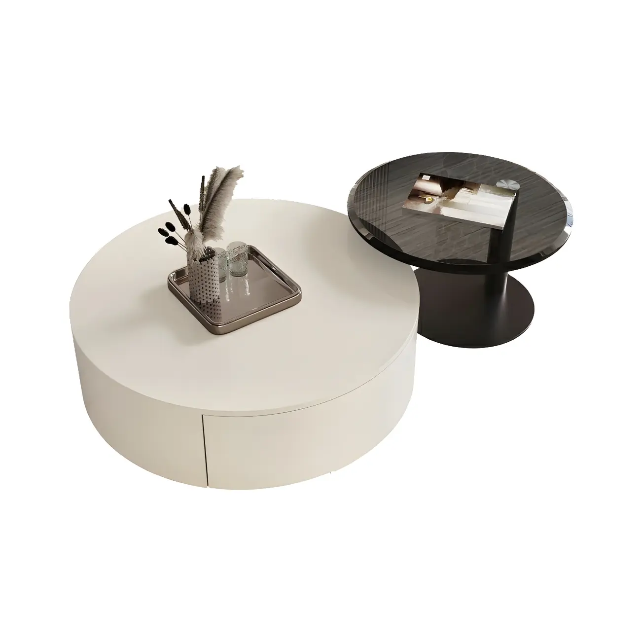 Modern Nesting Round Wood and Glass Coffee Table with Storage Image - 11 | homeyfad