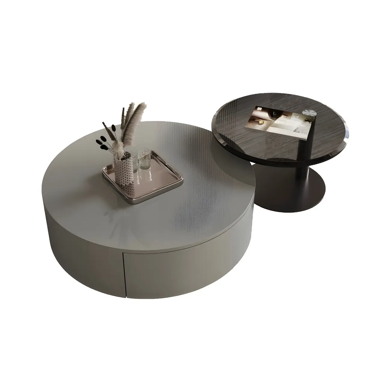 Modern Nesting Round Wood and Glass Coffee Table with Storage Image - 9 | homeyfad