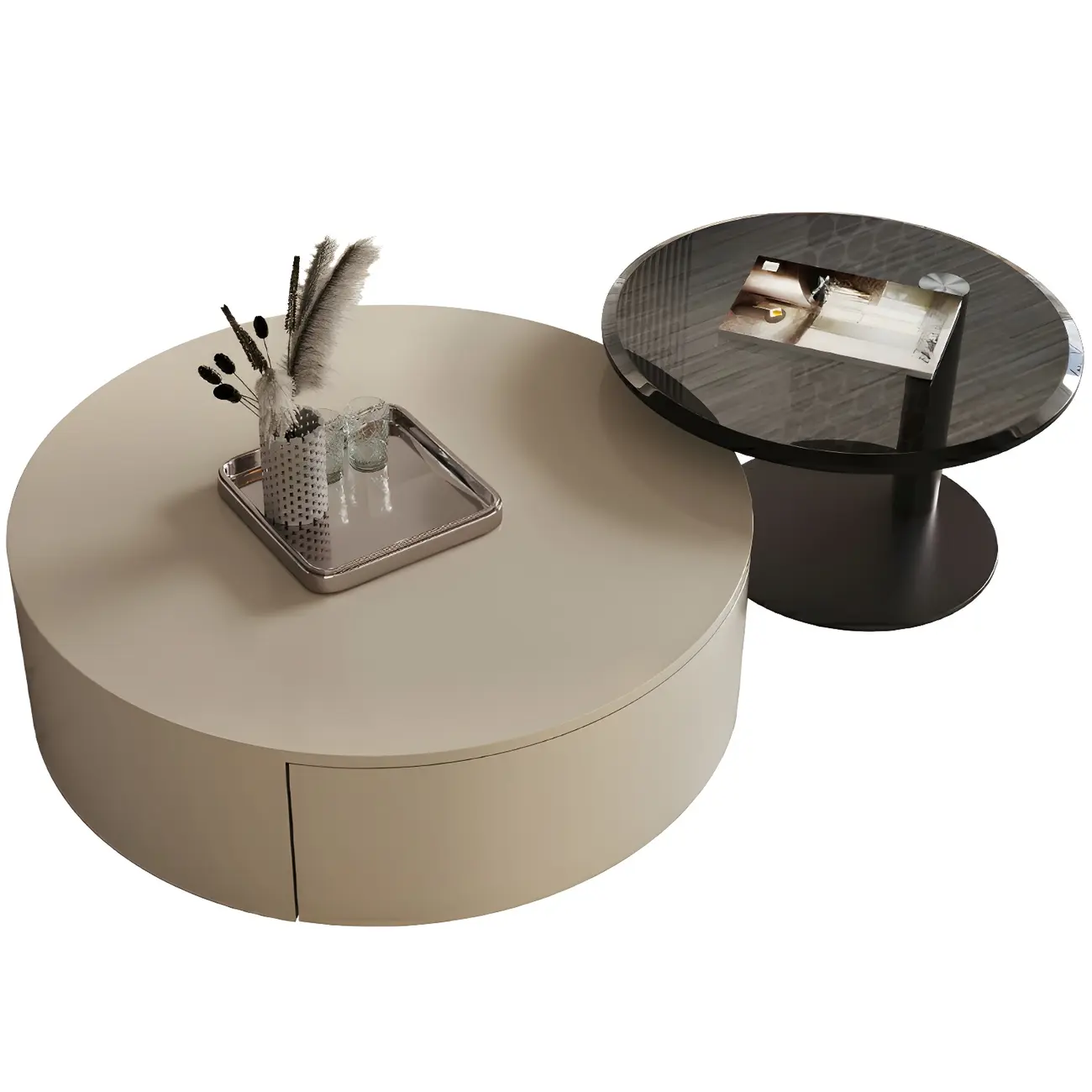 Modern Nesting Round Wood and Glass Coffee Table with Storage Image - 12 | homeyfad