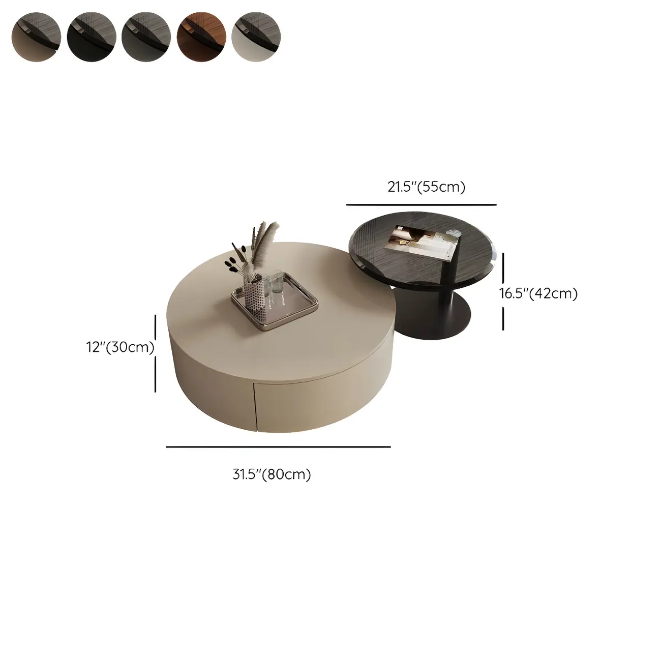 Modern Nesting Round Wood and Glass Coffee Table with Storage #size