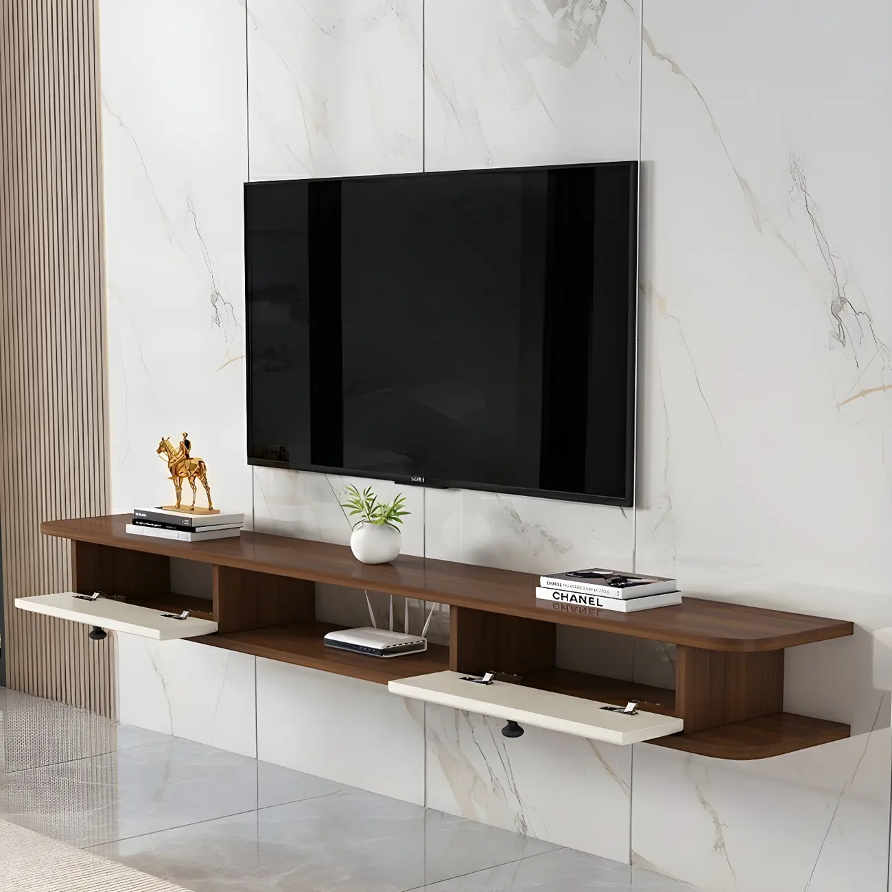 Modern Wooden Floating TV Stand with Open Storage for Home Image - 2 | homeyfad