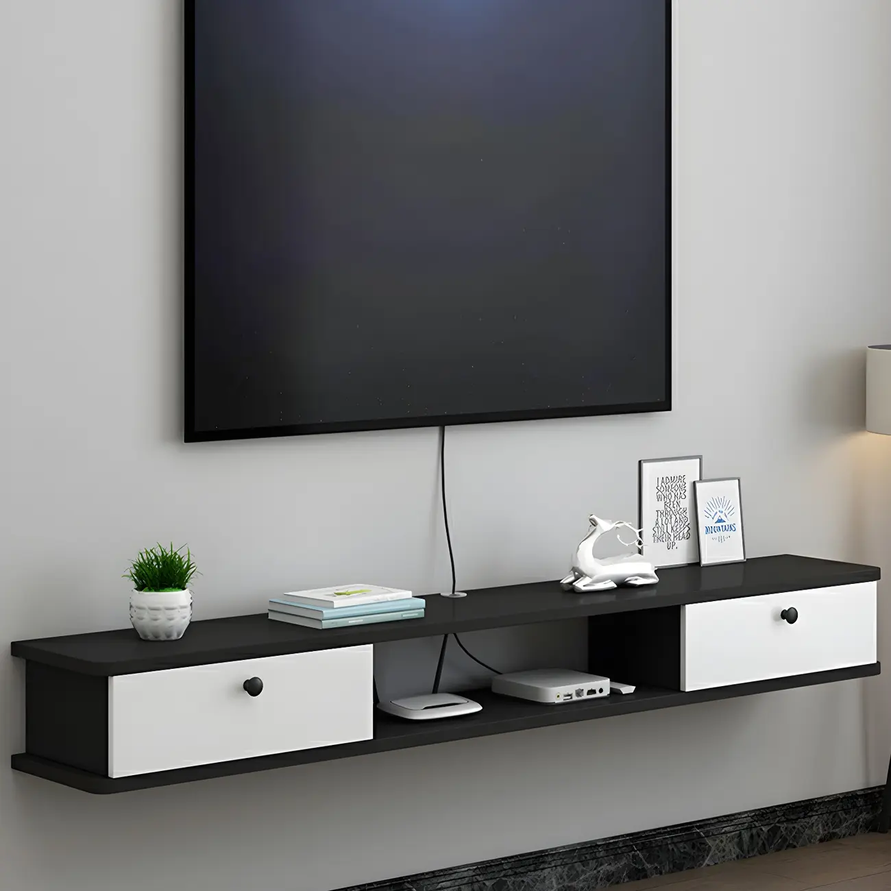 Modern Wooden Floating TV Stand with Open Storage & Cabinet Image - 2 | homeyfad