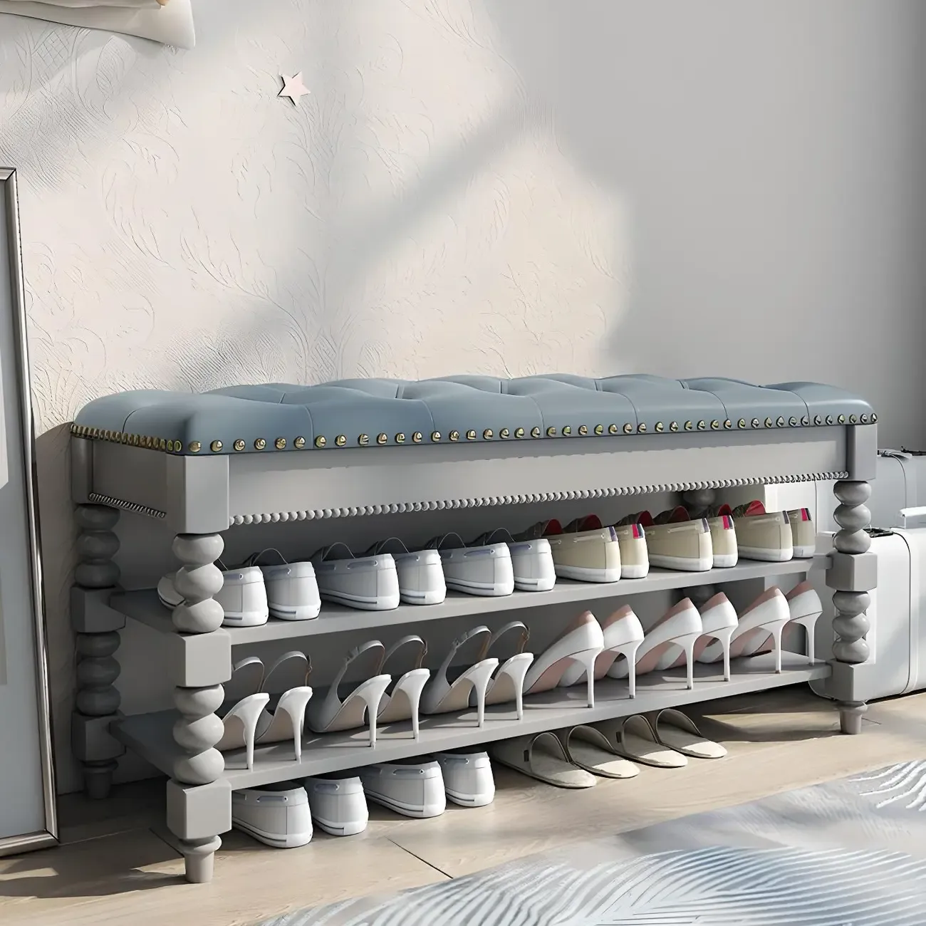Tufted Upholstered Grey Shoe Storage Bench for Entryway Image - 3
