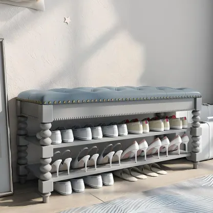 Tufted Upholstered Grey Shoe Storage Bench for Entryway Image - 3