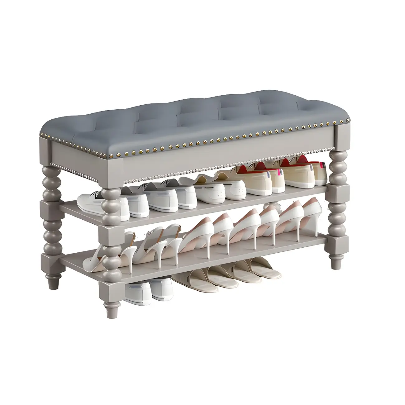 Tufted Upholstered Grey Shoe Storage Bench for Entryway Image - 12 | homeyfad
