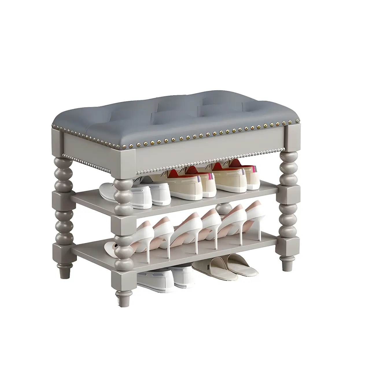 Tufted Upholstered Grey Shoe Storage Bench for Entryway Image - 13 | homeyfad