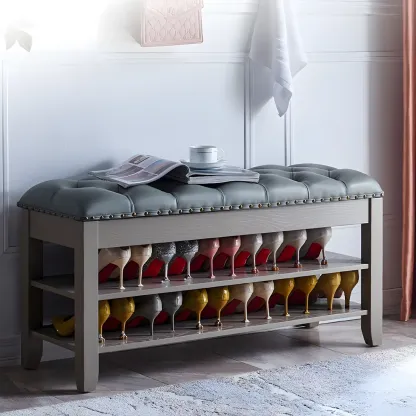 Tufted Upholstered Grey Shoe Storage Bench for Entryway Image - 2