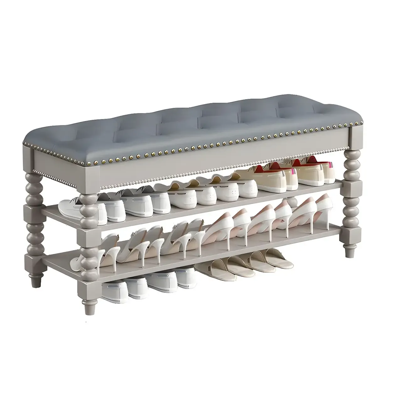 Tufted Upholstered Grey Shoe Storage Bench for Entryway Image - 14
