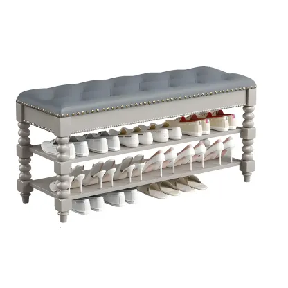 Tufted Upholstered Grey Shoe Storage Bench for Entryway Image - 14