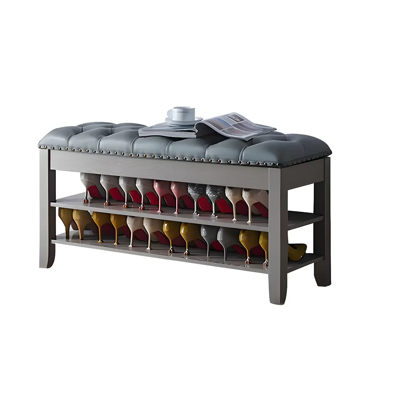 Tufted Upholstered Grey Shoe Storage Bench for Entryway Image - 15