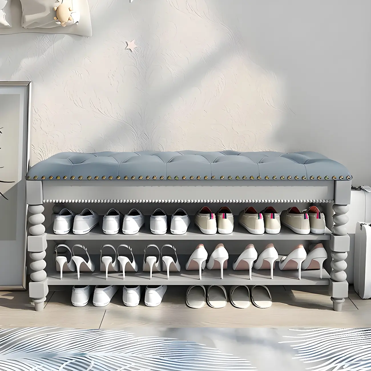 Tufted Upholstered Grey Shoe Storage Bench for Entryway Image - 1 | homeyfad