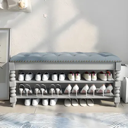 Tufted Upholstered Grey Shoe Storage Bench for Entryway Image - 1