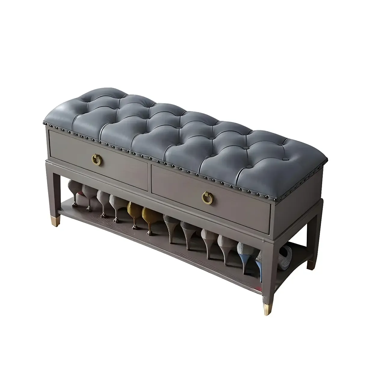 Tufted Upholstered Grey Shoe Storage Bench for Entryway Image - 16
