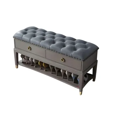 Tufted Upholstered Grey Shoe Storage Bench for Entryway Image - 16