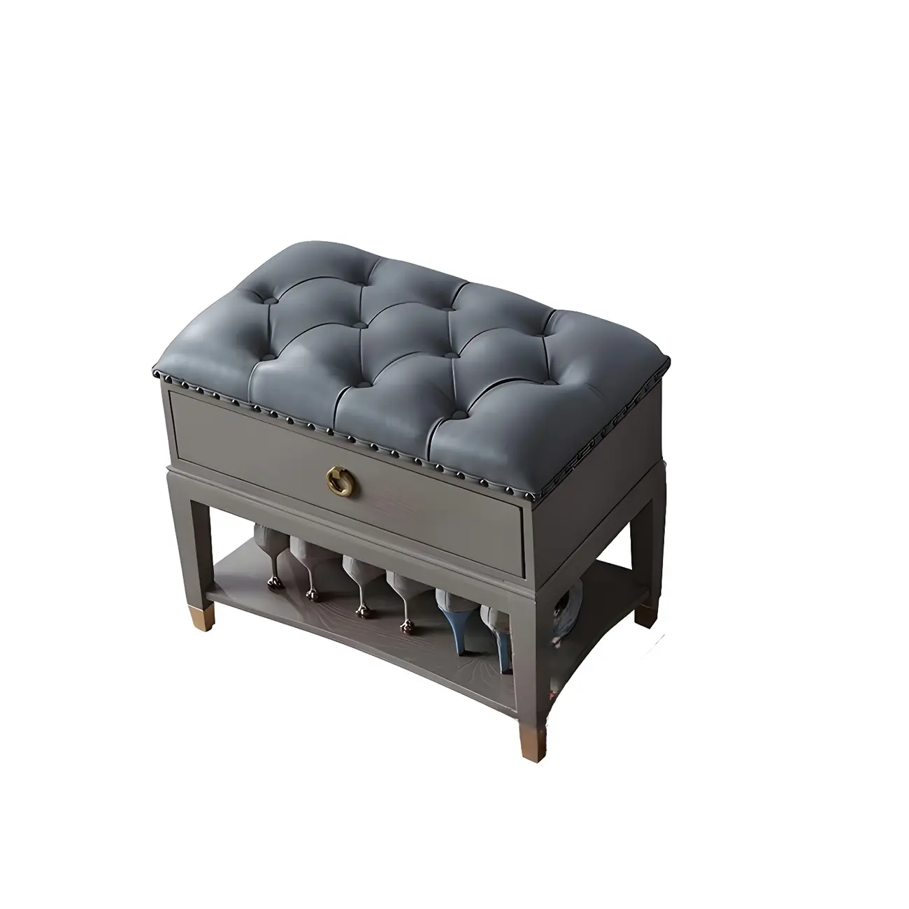 Tufted Upholstered Grey Shoe Storage Bench for Entryway Image - 17 | homeyfad