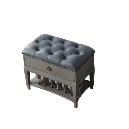 Tufted Upholstered Grey Shoe Storage Bench for Entryway Image - 17