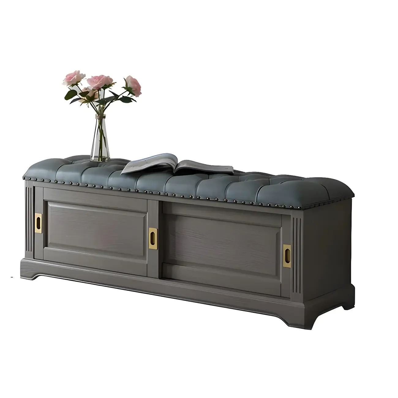 Tufted Upholstered Grey Shoe Storage Bench for Entryway Image - 18