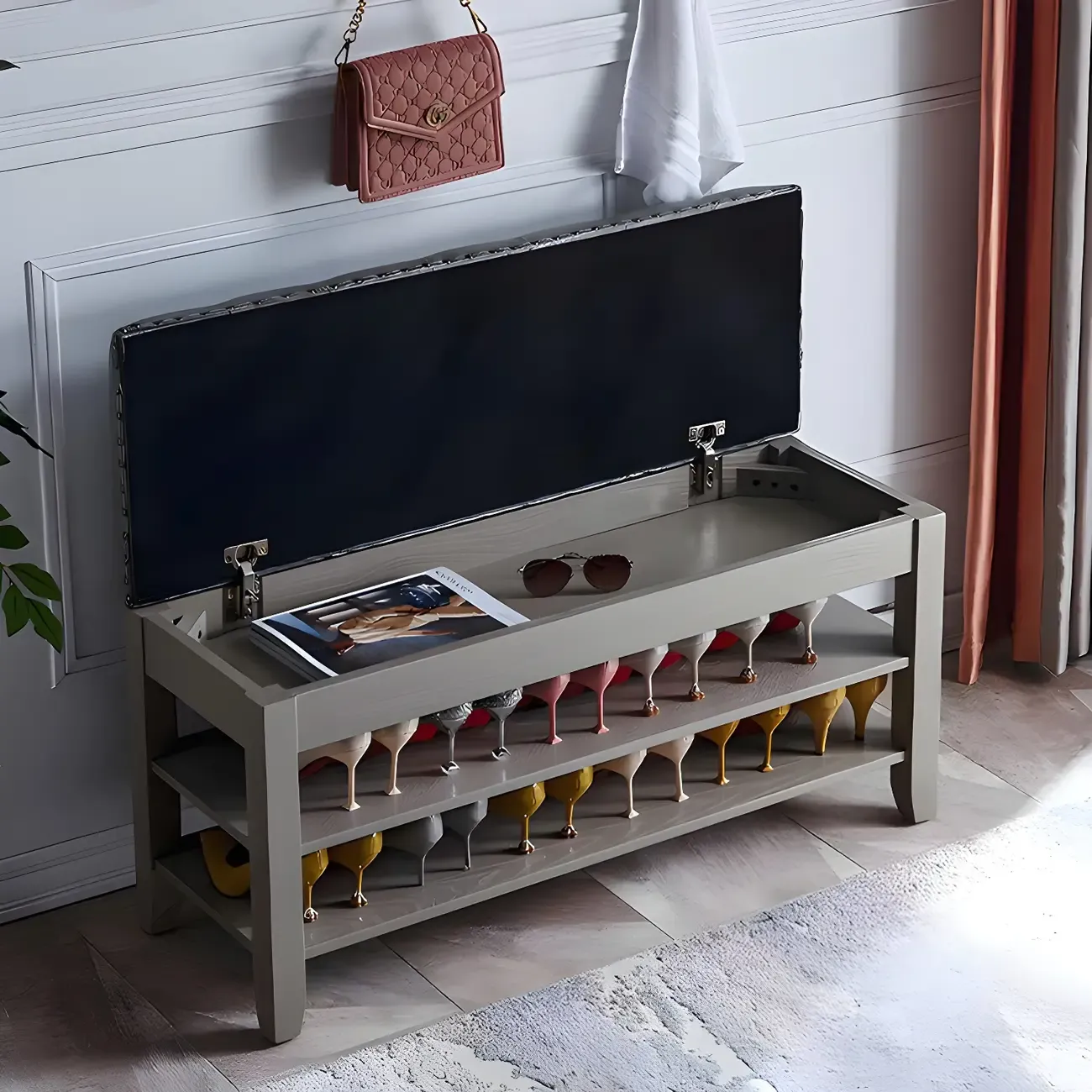 Tufted Upholstered Grey Shoe Storage Bench for Entryway Image - 8