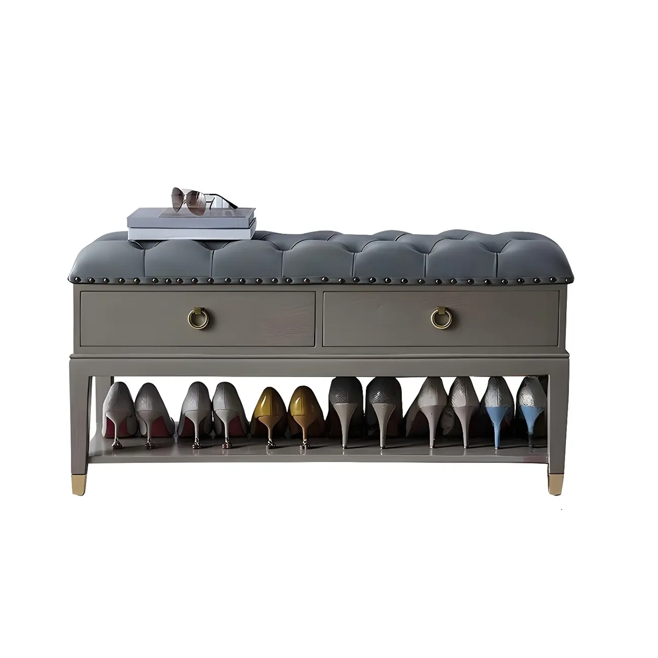 Tufted Upholstered Grey Shoe Storage Bench for Entryway Image - 19 | homeyfad
