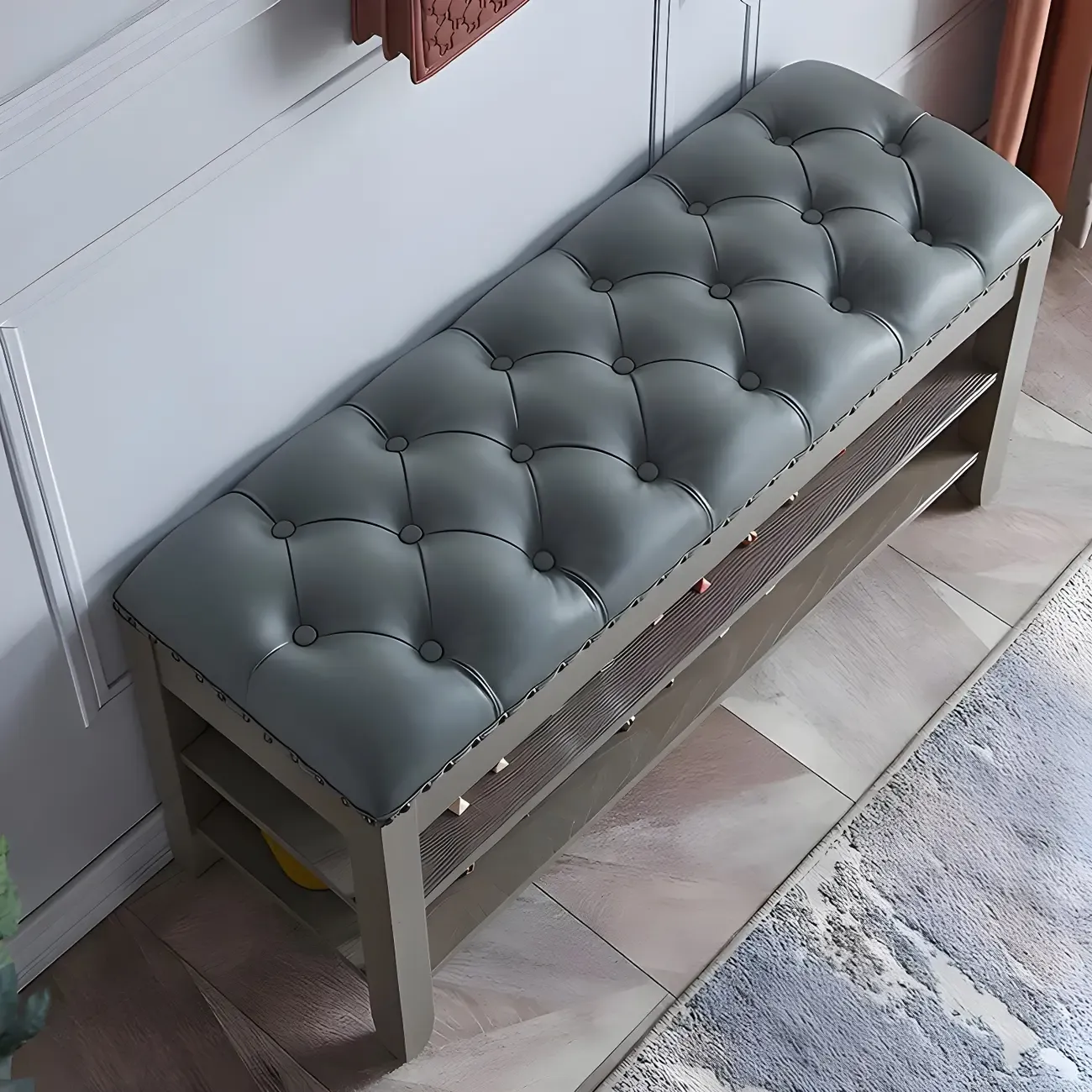 Tufted Upholstered Grey Shoe Storage Bench for Entryway Image - 5