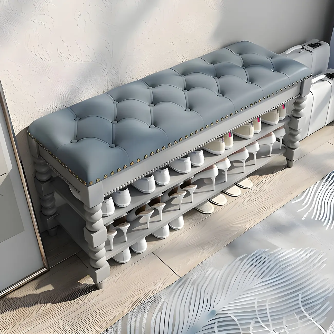 Tufted Upholstered Grey Shoe Storage Bench for Entryway Image - 6 | homeyfad