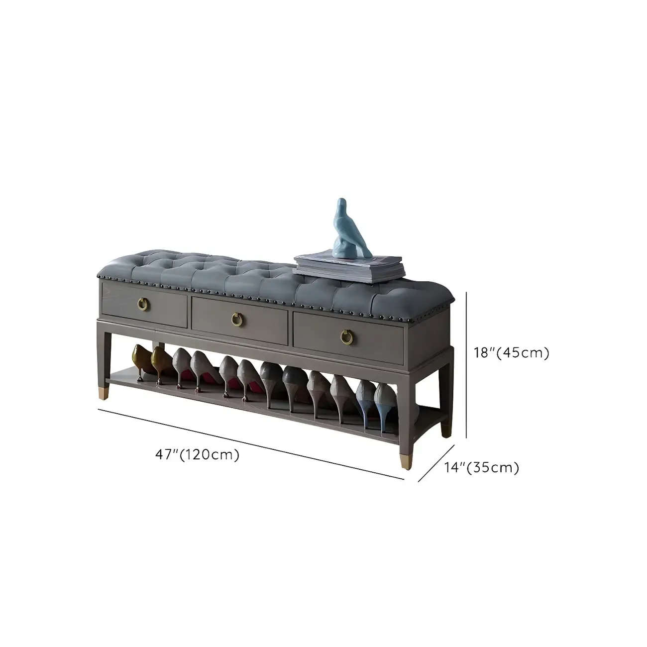 Tufted Upholstered Grey Shoe Storage Bench for Entryway Image - 30