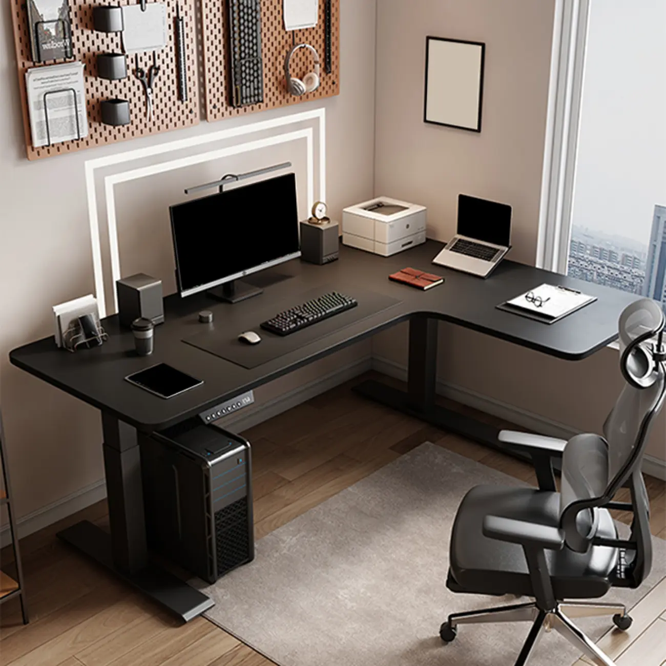 55"L Black L-Shaped Adjustable Computer Desk Image - 1 | homeyfad